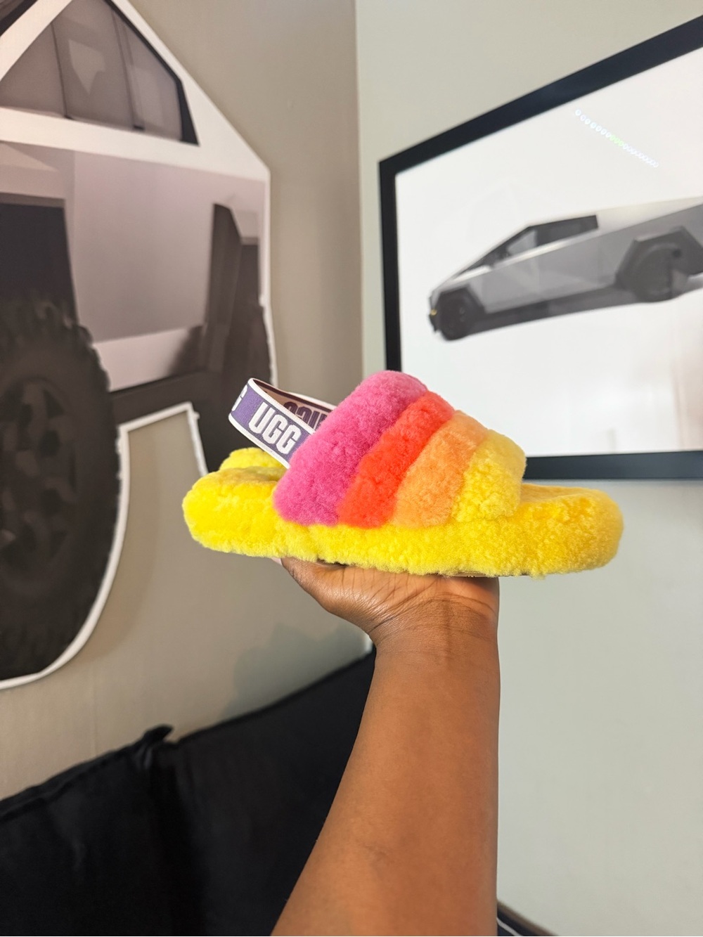 UGG Bright Yellow Shearling Slide with Pink, Orange & Coral Stripes